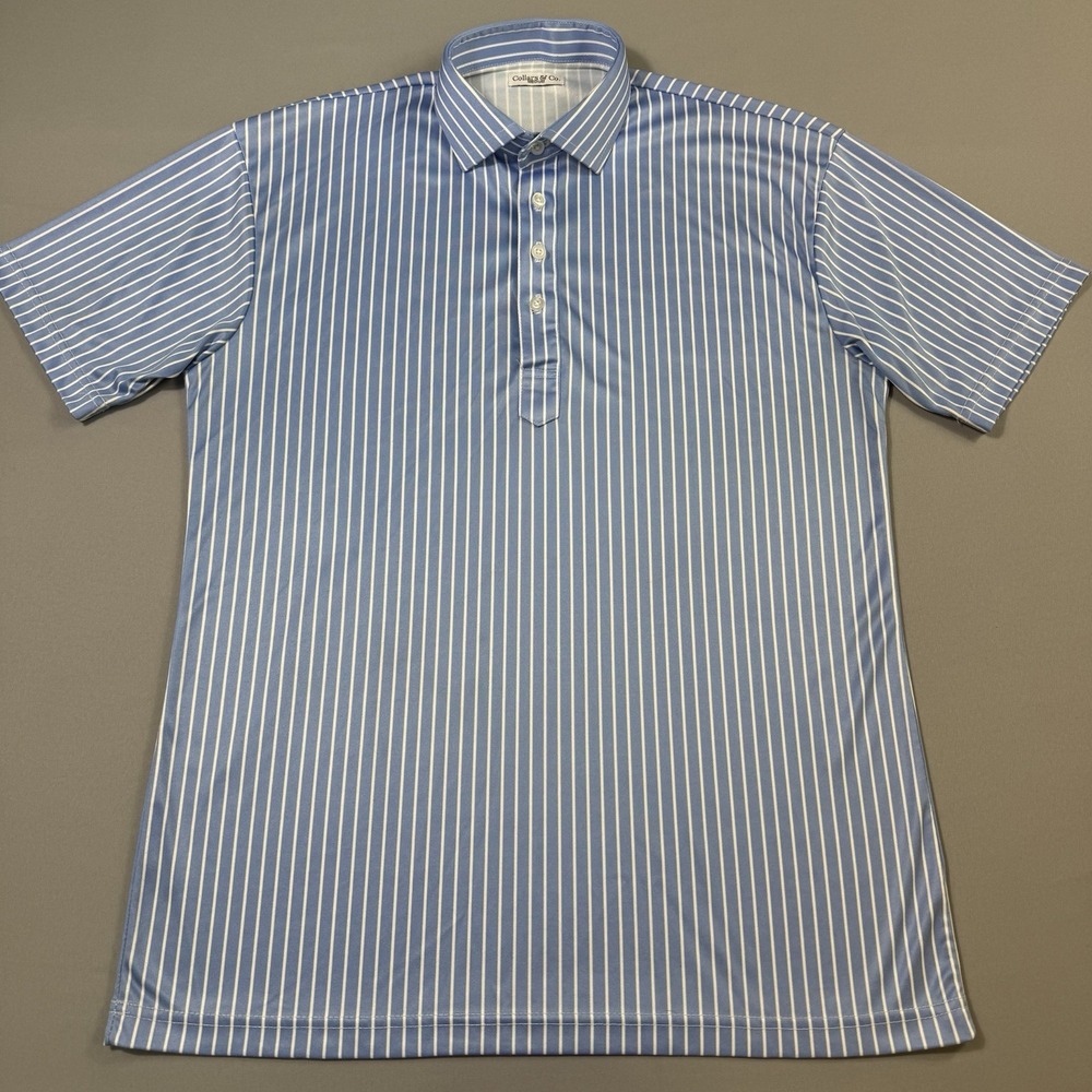 Collars and Co Polo Shirt Mens Medium Blue White Striped Spread Dress Collar